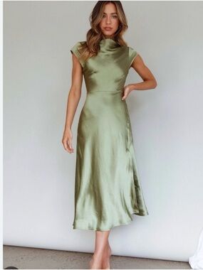 Selfie Leslie Olive Green Satin Cowl Midi Dress